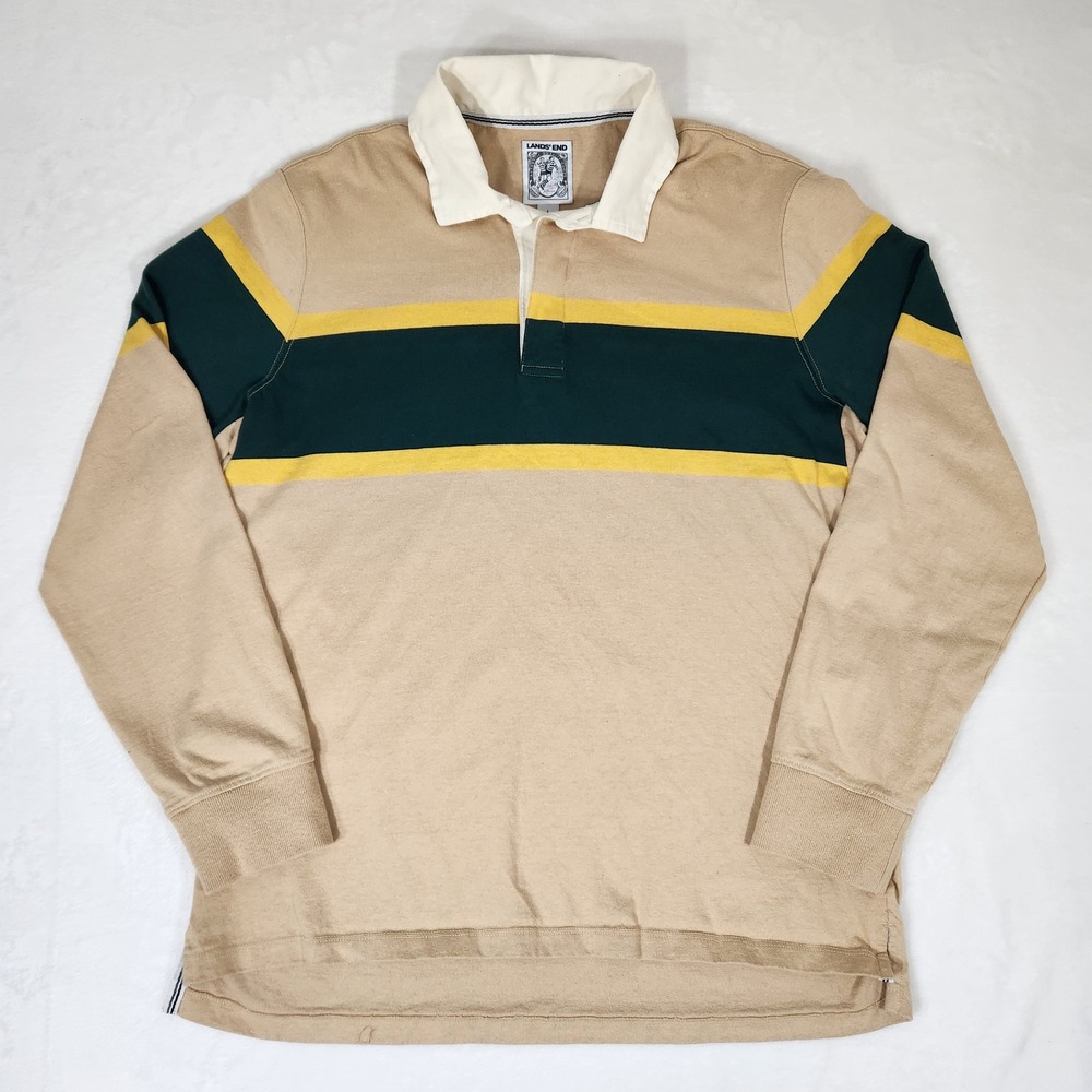 Lands End Mens Rugby Shirt Large L Tan Green Yellow Striped Long Sleeve Cotton